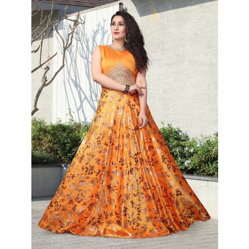 Silk Printed Designer Gown With 4 Pcs