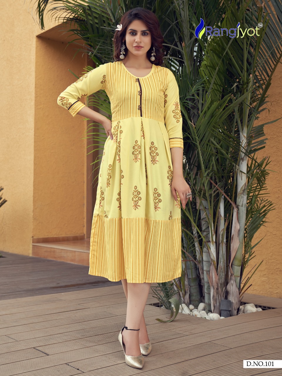 Rangjyot Summer Queen 101-108 Series Rayon Gold And Silver Prints Long Kurtis Collection