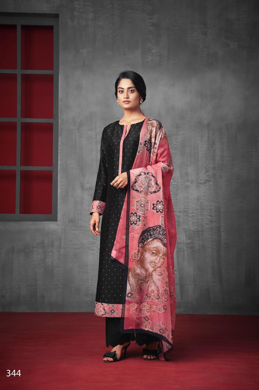T&m Bt Chitrakatha 302-388 Series Russian Silk Digital Print With Muslin Silk Neck Sleeve Digital Print Fancy Salwar Suit Collection From Surat