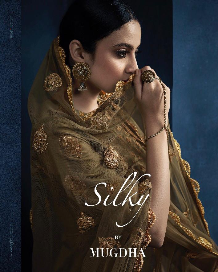 Mugdha Presents Silky 11054 - 11058 Series Silky Satin Georgette With Cotton Slab And Banarasi Border Party Wear Fancy Salwar Kameez Collection