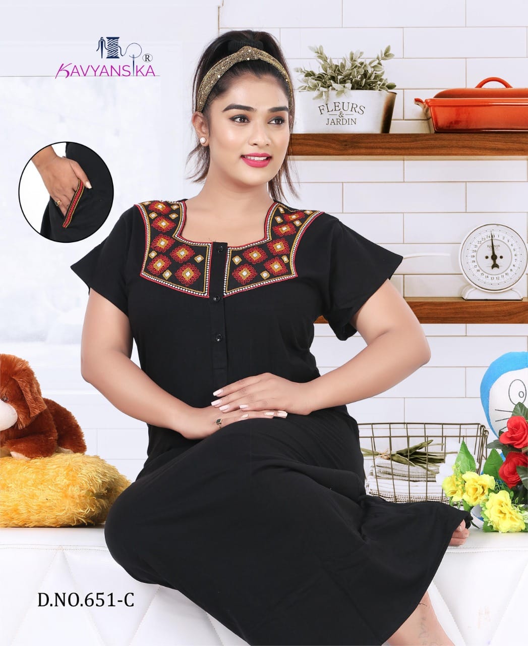Kavyansika Presents Embroidery Nighty 651a - 651f Series Embroidery Cotton Hosiery Soft Weaving Women Long Nighty Collection