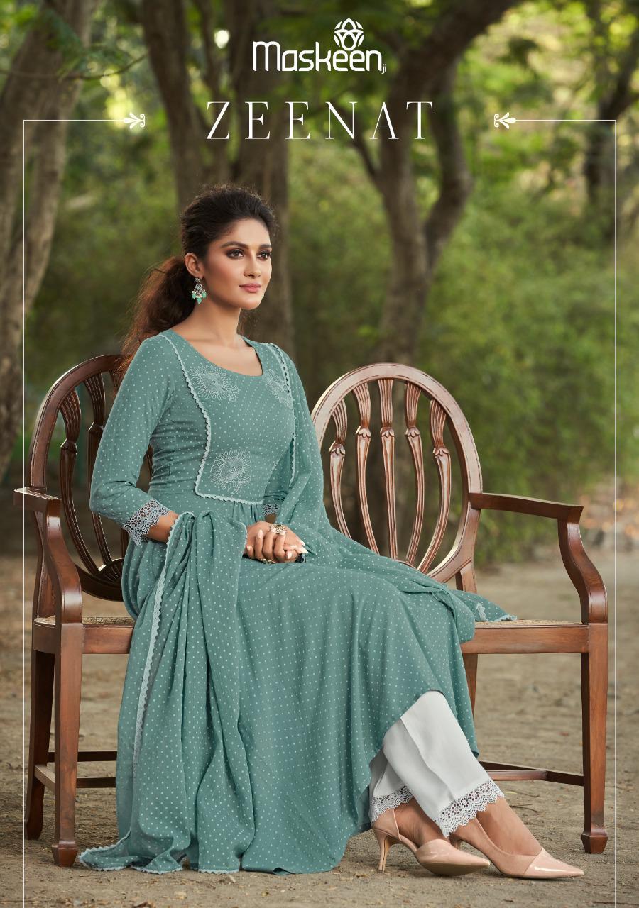 Maskeen Presents Zeenat 2238 - 2242 Series Pure Rayon Print With Delicate Embroidery Work And Decorated With Kuroshiya Lases Fancy Party Wear Salwar Kameez Collection