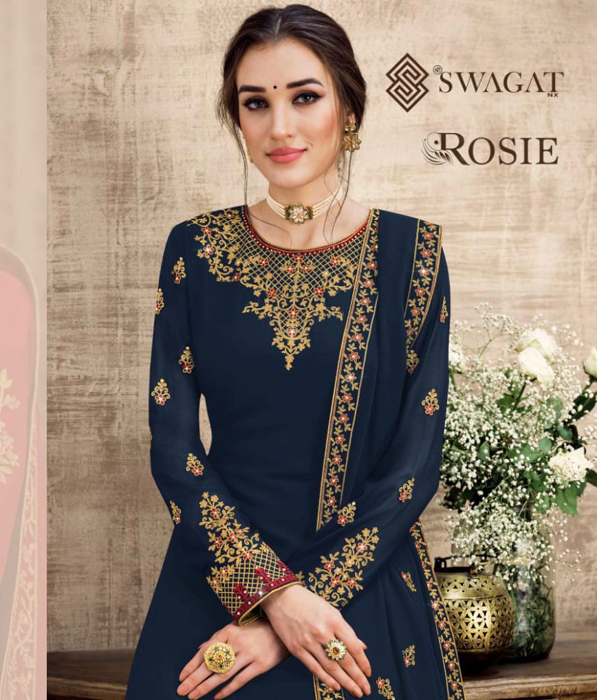 Swagat Nx Presents Rosie 101 - 107 Series Swiss Georgette With Beautiful Designer Work Fancy Salwar Suit Collection