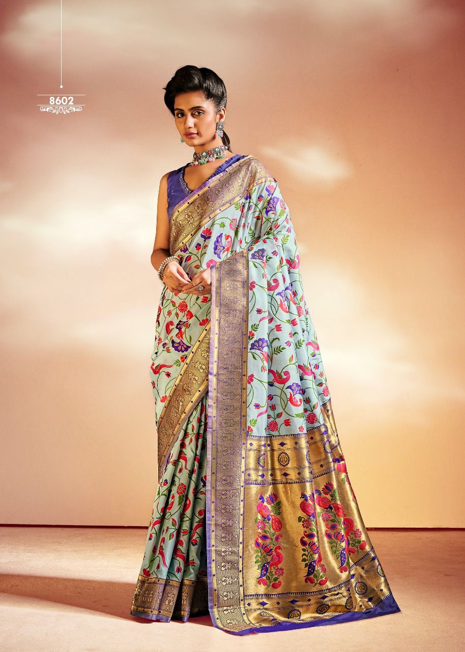 Rajyog Presents Aurora 8601-8606 Series Soft Paithni Silk With Full Weaving Body With Contrast Border Saree Collection