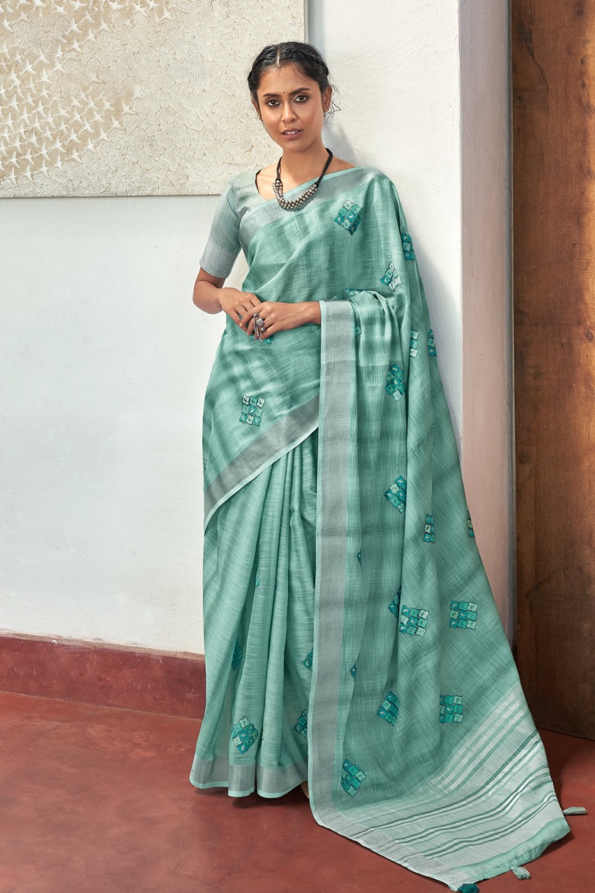 Sangam Prints Presents Parul 4123-4128 Series Linen With Embroidery Work Saree Collection