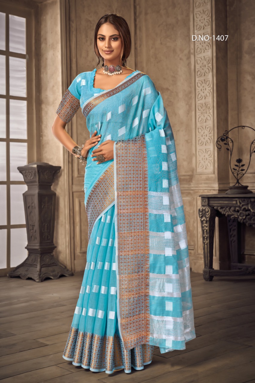 Sangam Prints Presents Aafreen 1001-1006 Series Linen With Thread Woven Saree Collection