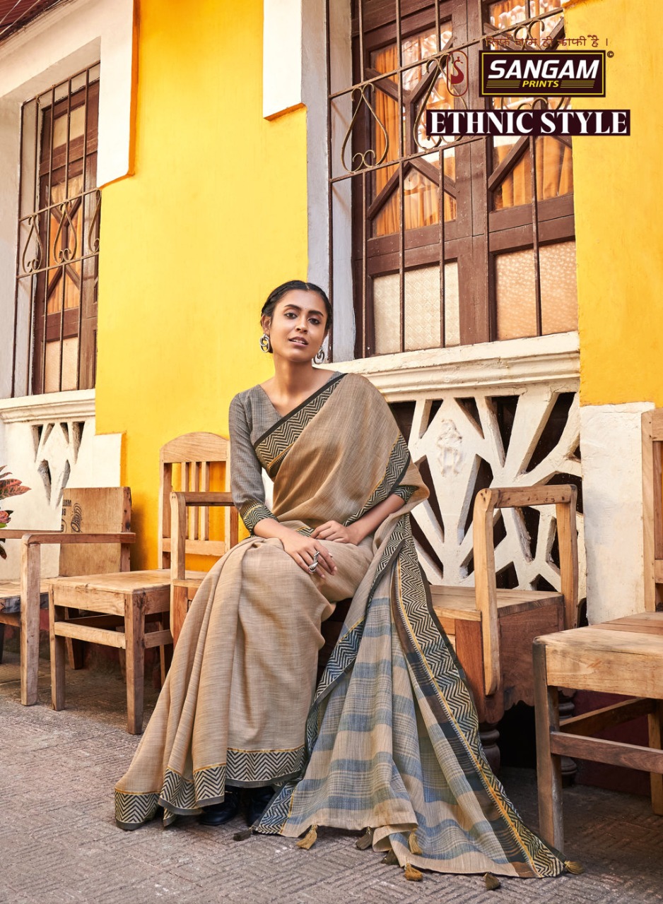 Sangam Prints Presents Ethnic Style 4129-4134 Series Linen Withthread Work Saree Collection