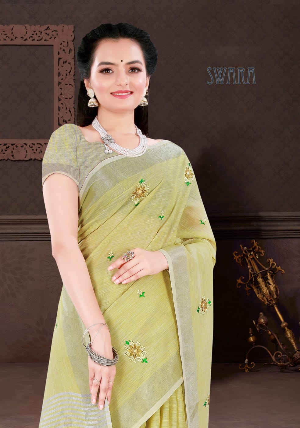 Balaji Emporium Presents Swara 3001-3006 Series Linen Embroidery Work Sarees Collection At Wholesale Price 104