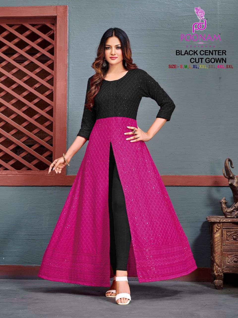 POONAM DESIGNER PRESENTS BLACK CENTER 1001-1008 SERIES PURE CHIKAN WORK CUT GOWN COLLECTION AT WHOLESALE RATES N520