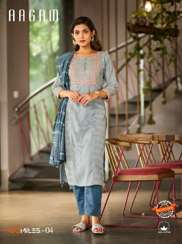100MILES PRESENTS AAGAM 01-04 SERIES COTTON EMBROIDERY WORK KURTIS PANT WITH DUPATTA SET AT WHOLESALE RATES N552