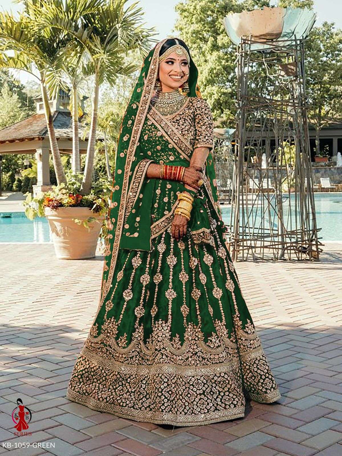 KB PRESENTS 1059 GREEN VELVET EMBROIDERED LEHENGA CHOLI BRIDAL COLLECTION AT WHOLESALE RATES N592