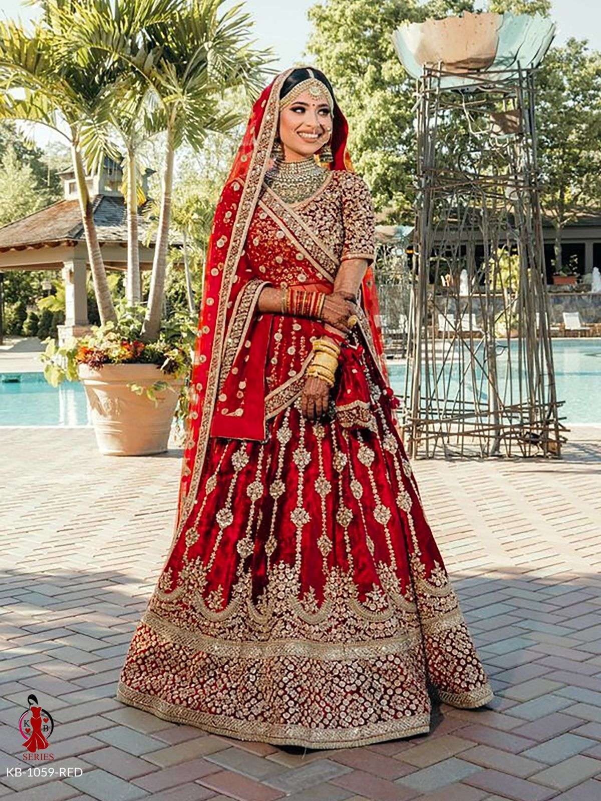 KB PRESENTS 1059 RED VELVET EMBROIDERED LEHENGA CHOLI BRIDAL COLLECTION AT WHOLESALE RATES N592