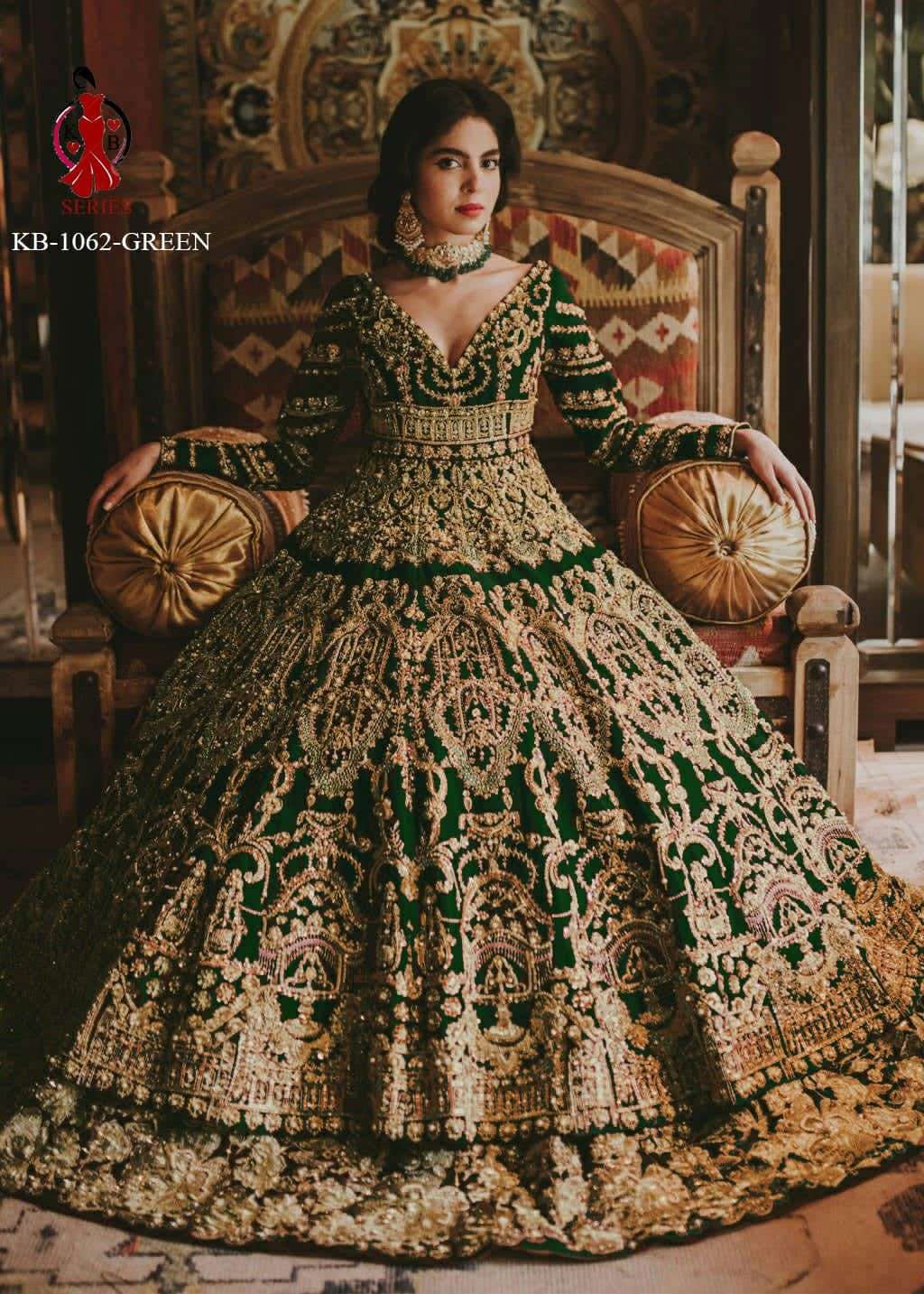 KB PRESENTS 1062 GREEN HEAVY BRIDAL WEAR LEHENGA SUITS MUSLIM COLLECTION AT WHOLESALE PRICE N709