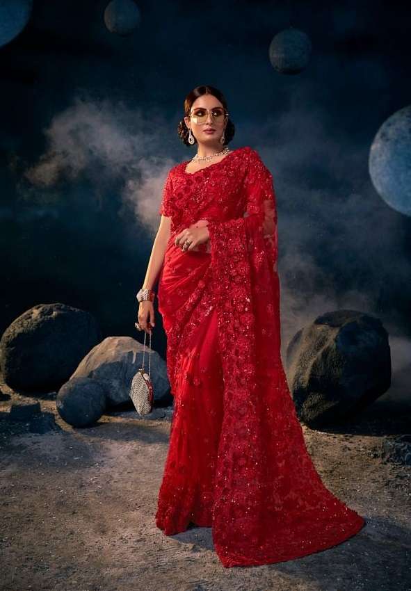 MN PRESENTS SWAROVSKI VOL-4 6307 DESIGN RED DIGITAL NET EMBROIDERED SAREES COLLECTION AT WHOLESALE RATES N829