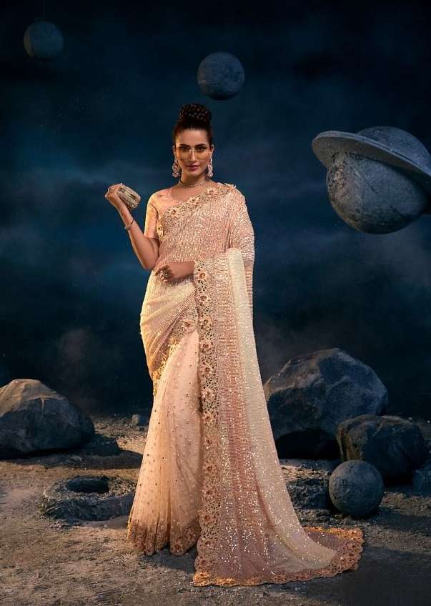 MN PRESENTS SWAROVSKI VOL-4 6311 DESIGN PEACH IMPORTED SEQUENCE PALLU SAREES COLLECTION AT WHOLESALE PRICE N829