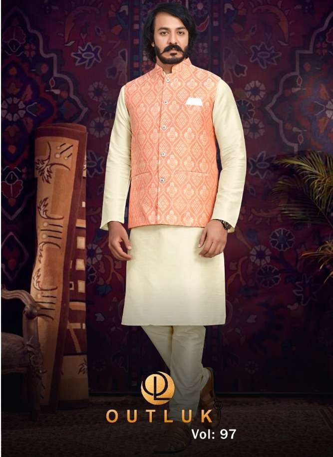 OUTLOOK PRESENTS OUTLOOK VOL-97 INDIAN DESIGNER MENS ART SILK KURTA PAJAMA WITH NEHRU JACKET STYLE FOR TRADITIONAL ETHNIC FESTIVE DIWALI WEAR COLLECTION DL65
