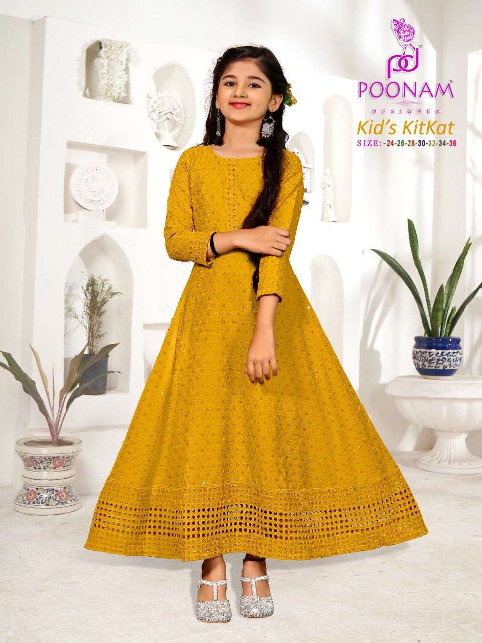 POONAM DESIGNER PRESENTS KIDS KITKAT 1001-1006 SERIES RAYON CHICKEN WORK KIDS GOWN COLLECTION AT WHOLESALE RATES N589