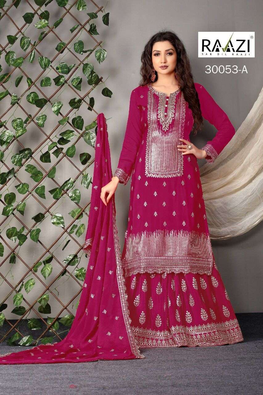 RAMA PRESENTS RAAZI 30053 COLOURS HEAVY CHINON EMBROIDERY WORK SALWAR SUITS COLLECTION AT WHOLESALE RATES N567