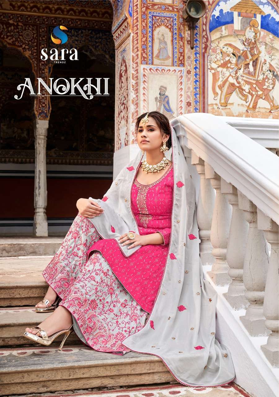 SARA TRENDZ PRESENTS ANOKHI 3901-3904 SERIES CHINNON EMBROIDERY WORK SALWAR SUITS COLLECTION AT WHOLESALE RATES N744