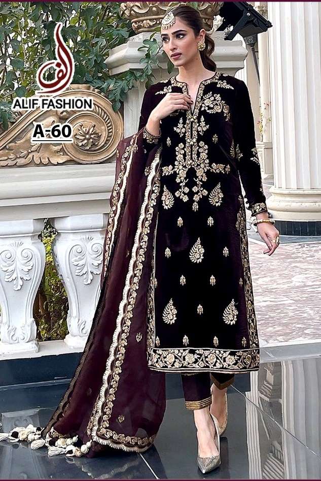 ALIF FASHION PRESENTS A-60 DESIGN VELVET EMBROIDERY WORK WEDDING PAKISTANI SUITS COLLECTION AT WHOLESALE RATES N1006