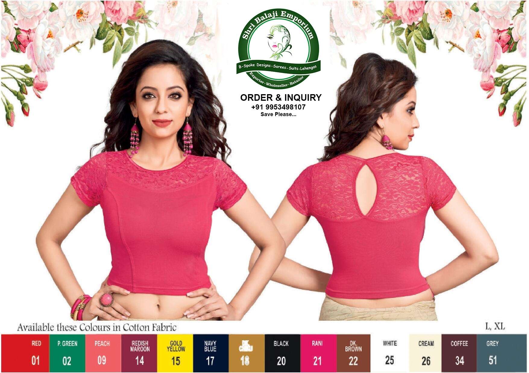 Balaji Emporium Presents Designer Lycra Stretchable Comfy Round Neck Saree Blouse Readymade Crop Top Choli 17