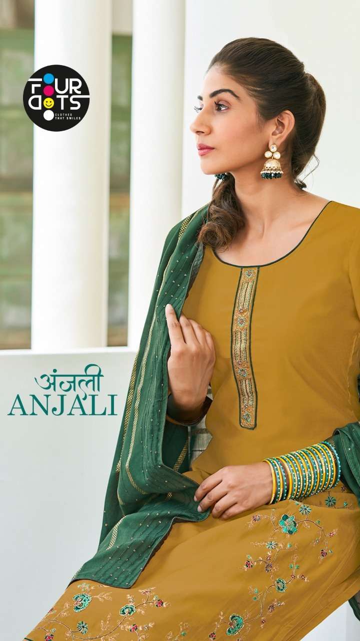 FOUR DOTS PRESENTS ANJALI 1061-1064 SERIES MUSLIN FANCY WORK SALWAR SUITS COLLECTION AT WHOLESALE PRICE N1212