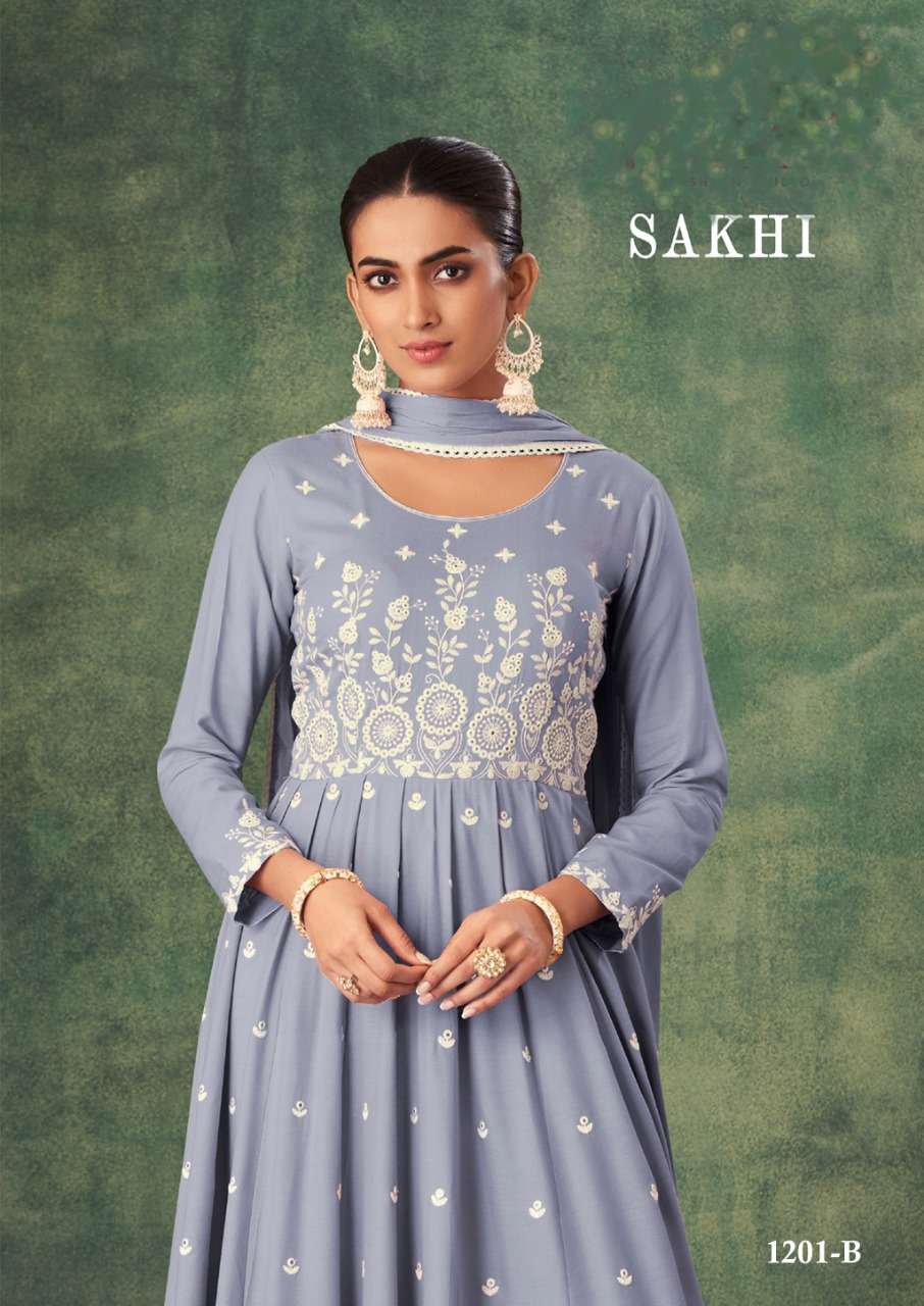 VAMIKA PRESENTS SAKHI 1201 COLOURS RAYON EMBROIDERY WORK READYMADE SUITS COLLECTION AT WHOLESALE PRICE 3973