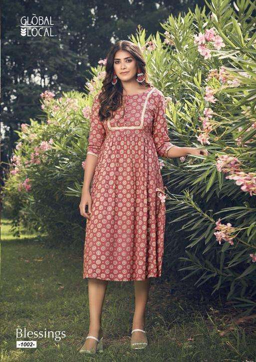GLOBAL LOCAL PRESENTS BLESSINGS 1001-1004 SERIES RAYON FOIL PRINTED KURTI WITH FLAIRE STYLE COLLECTION 7123