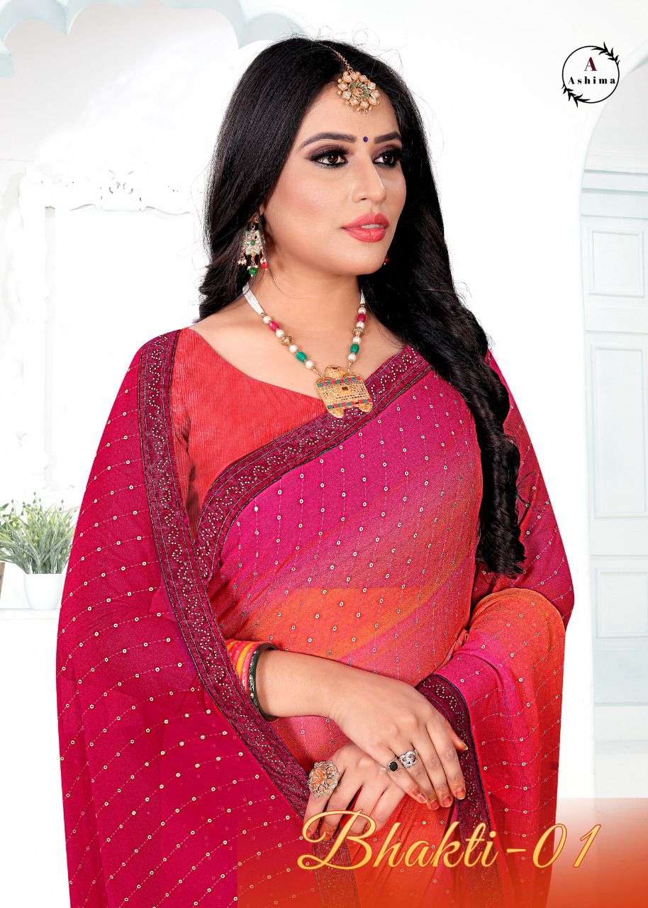 ASHIMA PRESENTS BHAKTI VOL-1 1001 TO 1008 SERIES GEORGETTE DESIGNER SAREES COLLECTION AT WHOLESALE PRICE 7571