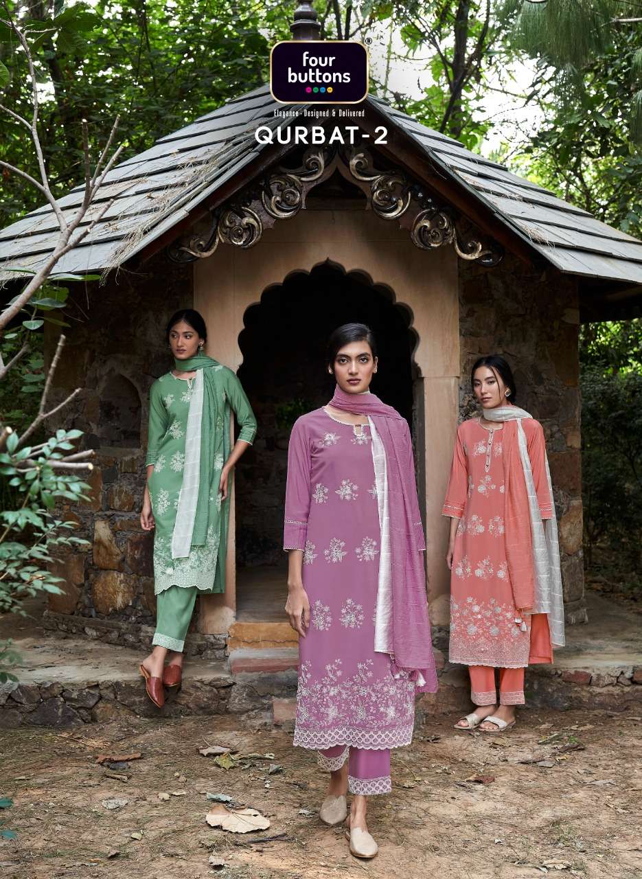 FOUR BUTTONS PRESENTS QURBAT VOL-2 3011-3016 SERIES SILK EMBROIDERY WORK KURTIS WITH PLAZO AND DUPATTA SET AT WHOLESALE PRICE 7841