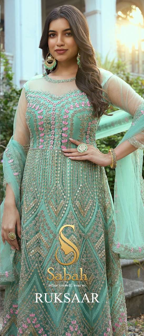 SABAH PRESENTS RUKSAAR 1001-1004 SERIES NET EMBROIDERED PAKISTANI SUITS WEDDING COLLECTION AT WHOLESALE PRICE 7886