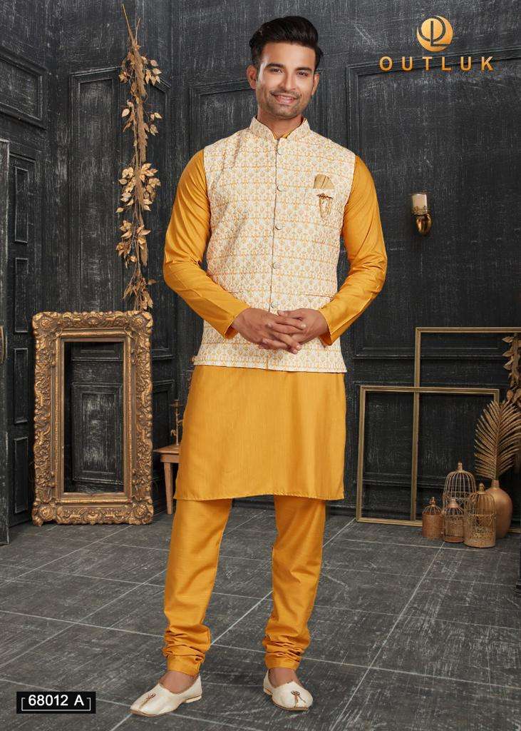 Outlook Vol-68A Dno 68001A - 68012A Series Traditional Ethnic Indian Mens Cotton Kurta Pajama With Nehru Jacket Eid Festive Party Wear At Wholesale Price 