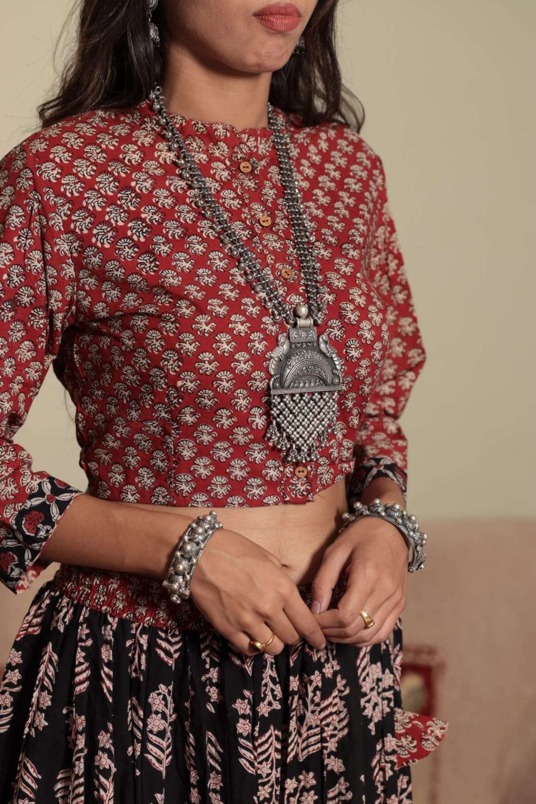 Lehenga Choli Bagru hand block printed cotton designer top & skirt with mulmul duptta 