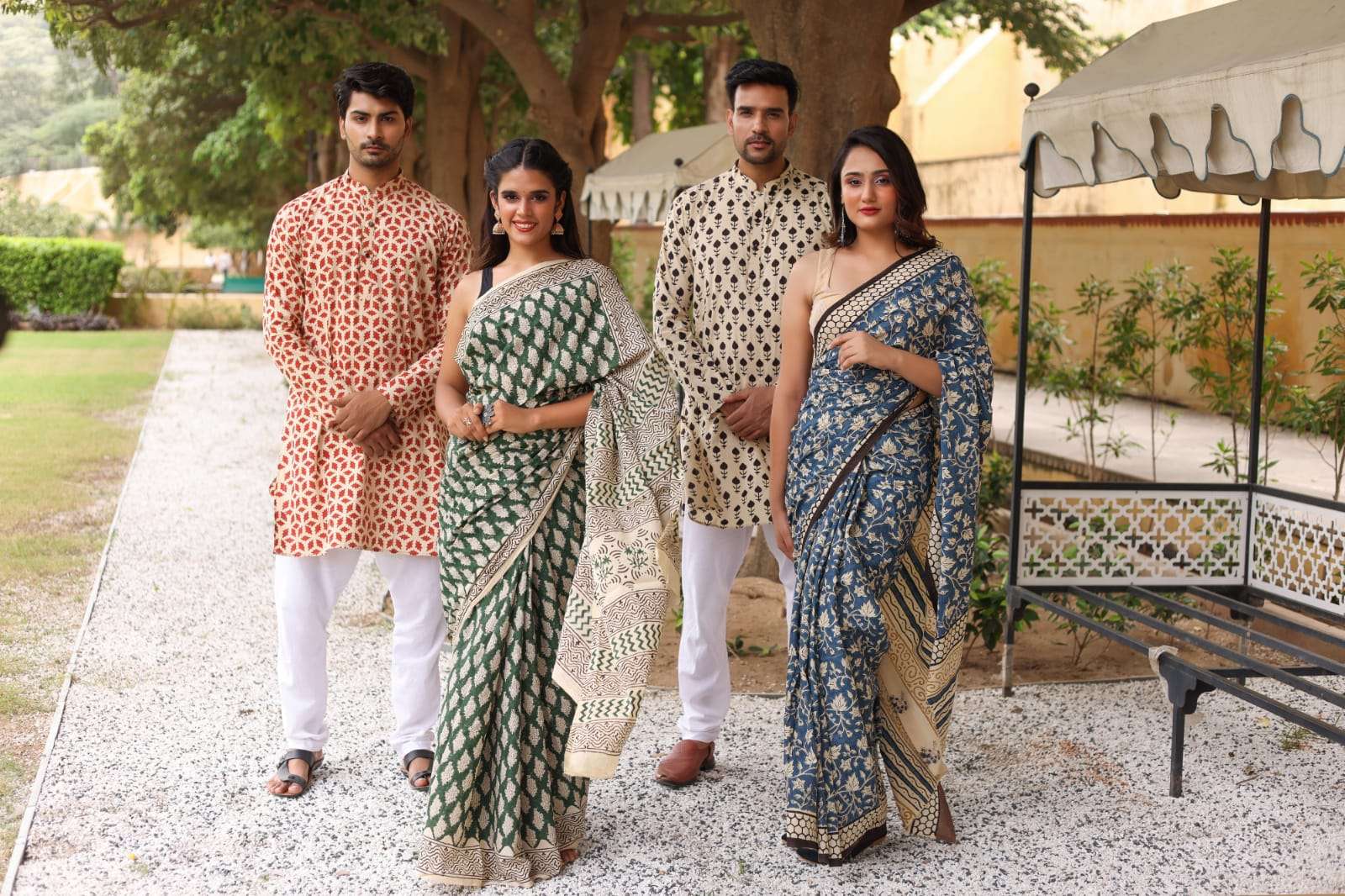 Hand Block Printed Cotton Mul-mul Saree With Matching Gents Kurta-payzama 