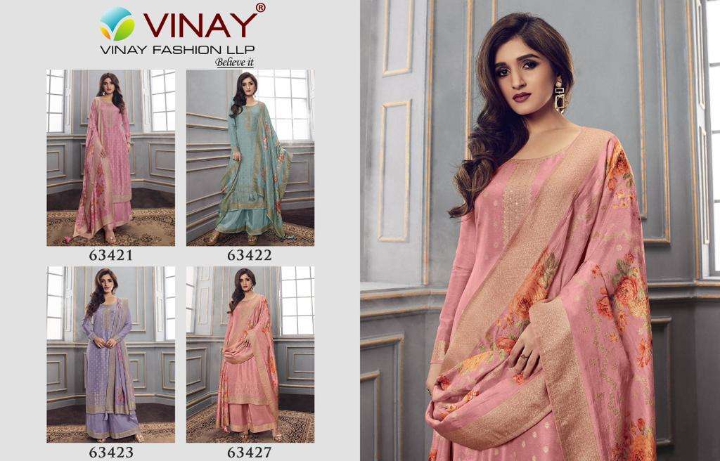 Vinay Zareena 7 hitlist with Pure soft dola jacquard top and dupatta with santoon as bottom   Rate : 1980/