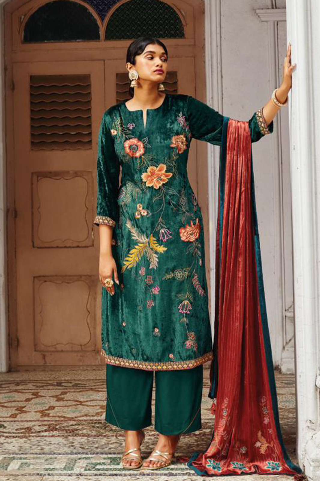 Ganga Gharana Pure Velvet Suit With Embroidery