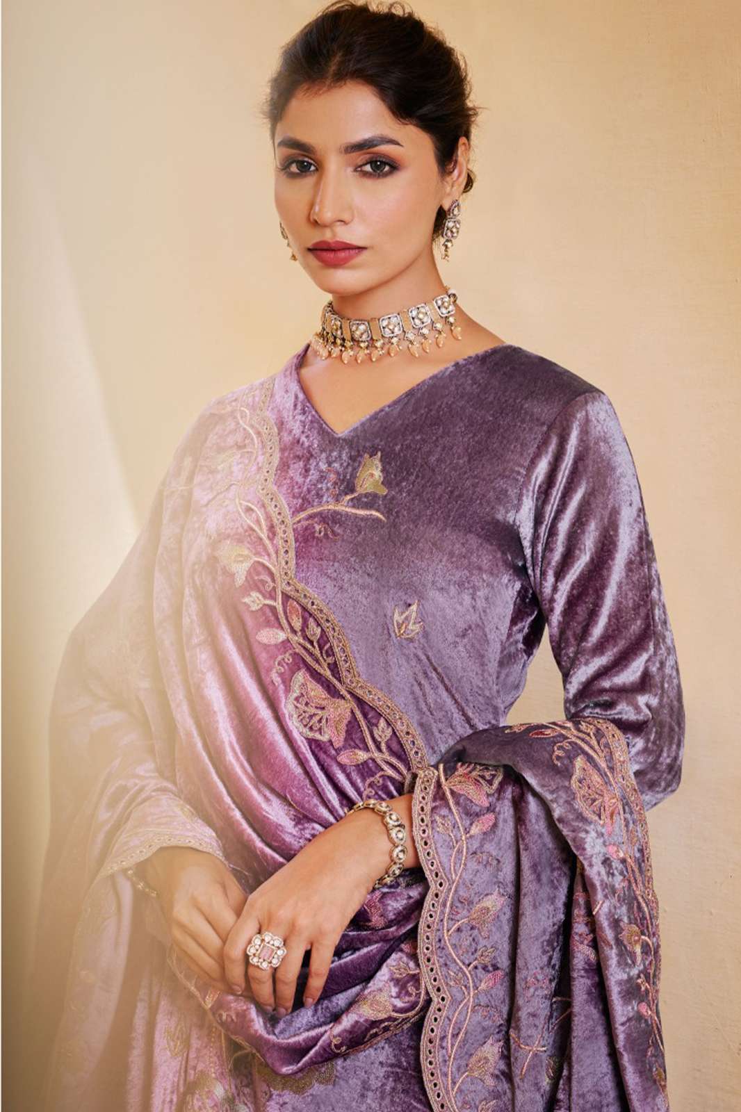 PURE VISCOSE VELVET WITH EMBROIDERYAND FANCY LACE WORK SUIT