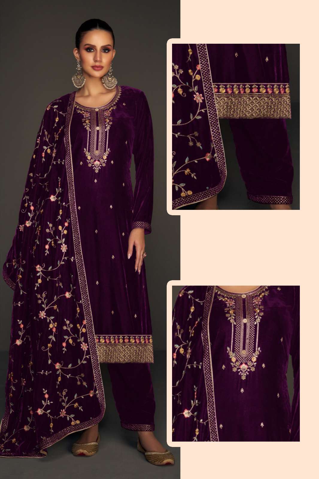 KESAR NASEEB-3 PURE VELVET SUIT WITH EMBROIDERY
