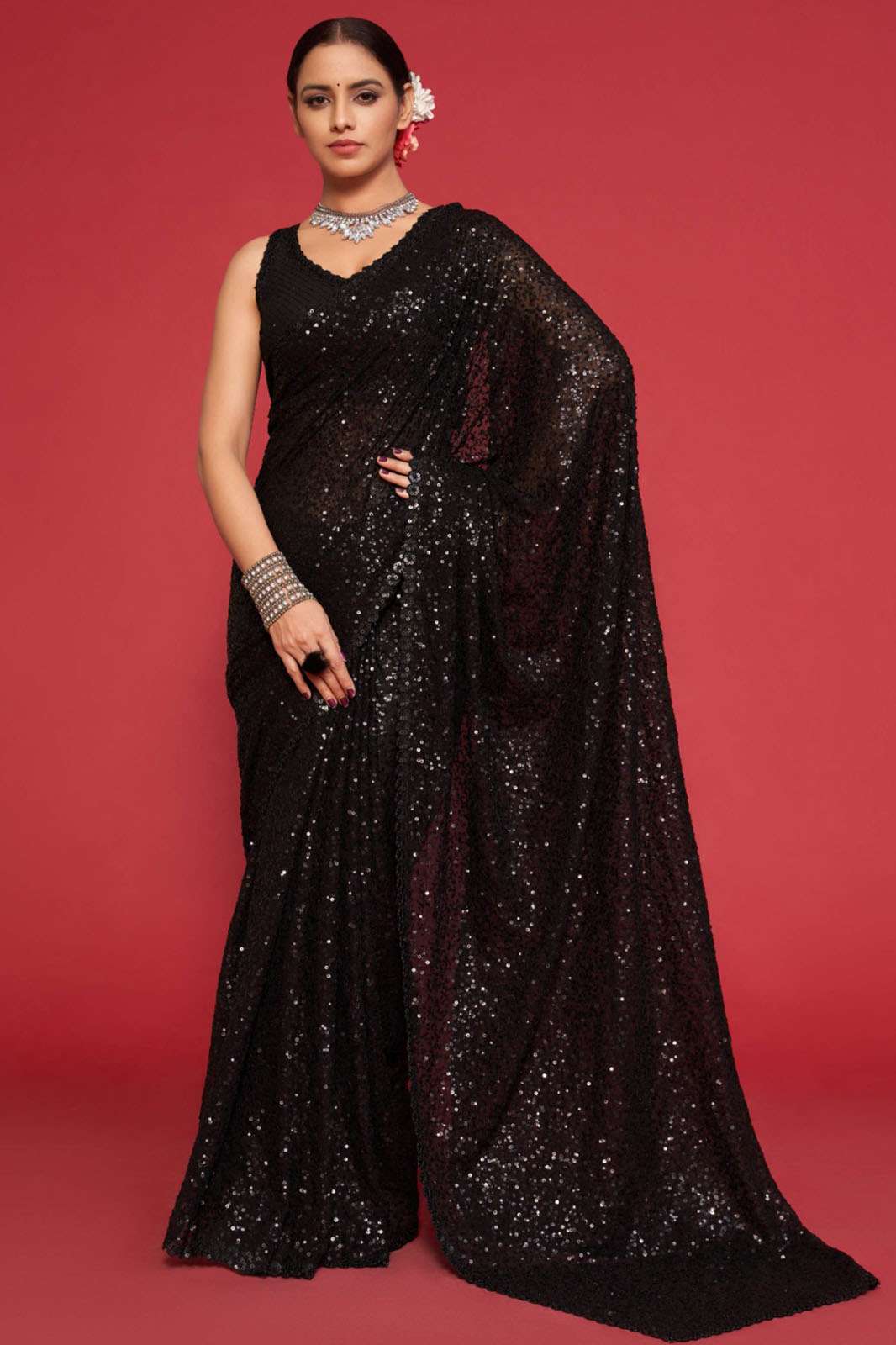 THF PRESENTS LATEST GEORGETTE THREAD AND MULTIPLE SEQUINS EMBROIDERY WOMEN SAREE COLLECTION