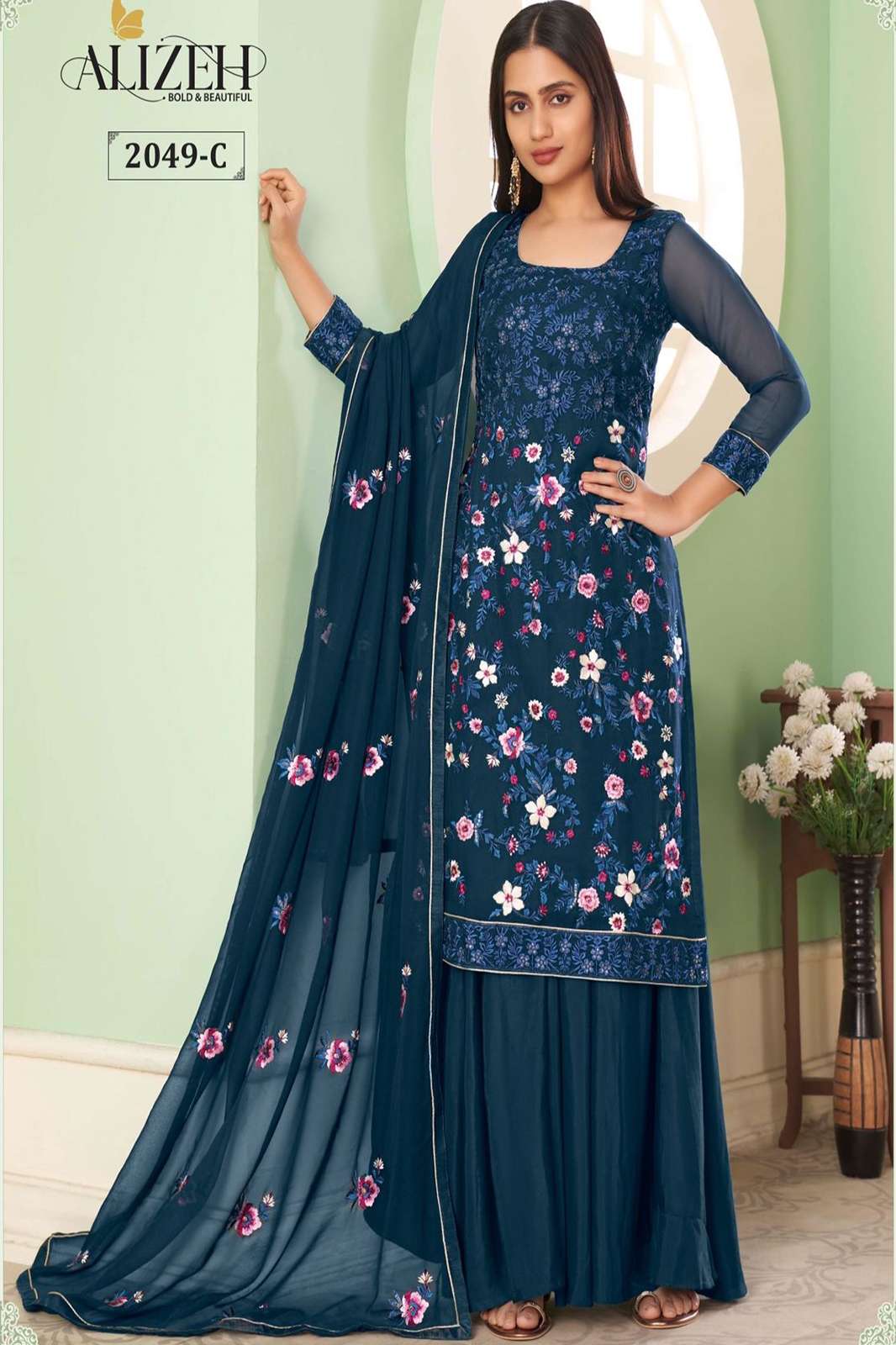 ALIZEH santoon multi colors thread with sequin embroidery suit.