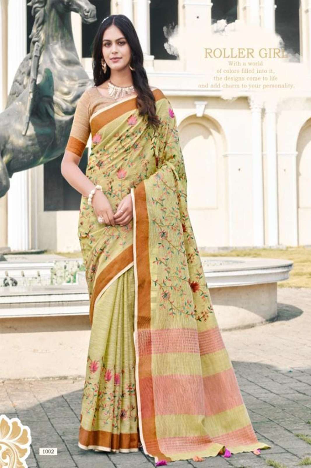 BUNAWAT LILAN STYLE  Linen saree  Embroidery Work and Tassels on Pallu saree in multicolors.