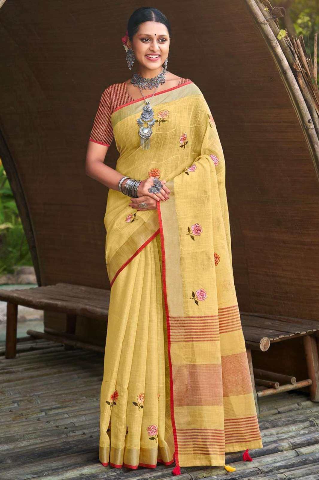 BUNAWAT LINEN WEAVES Embroidery Work and Tassels on Pallu saree