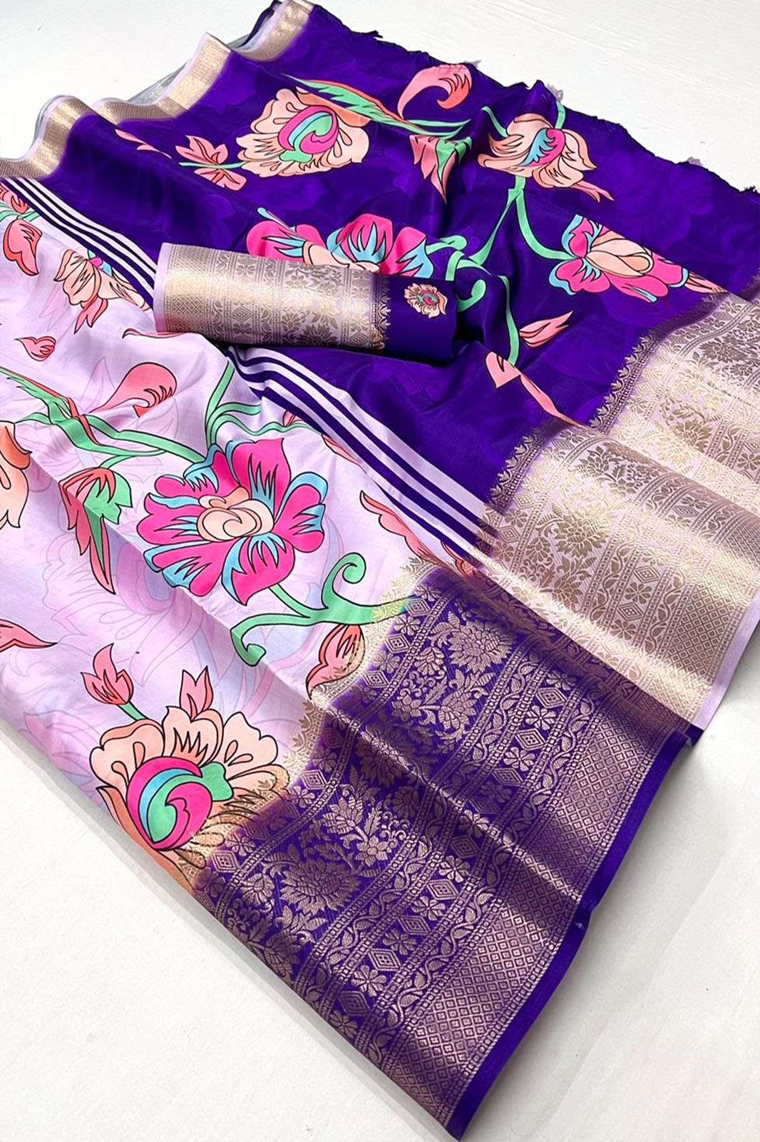 LT Fabrics BANARASI SILK Pure Soft Handloom Silk Fabric With Digital Print & Fancy Jacquard Weaving Border saree 