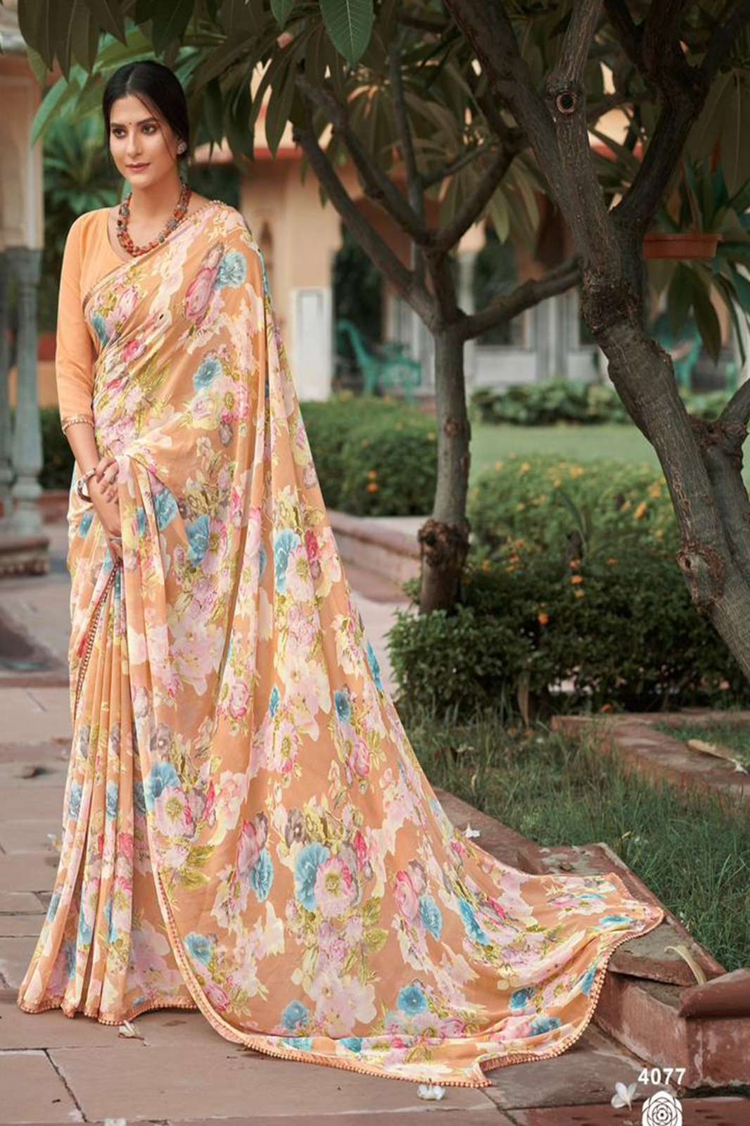 LT Fabrics GULZAR Pure Georgette With Bemberg Jari Satin Patta with beautiful print in multicolors.
