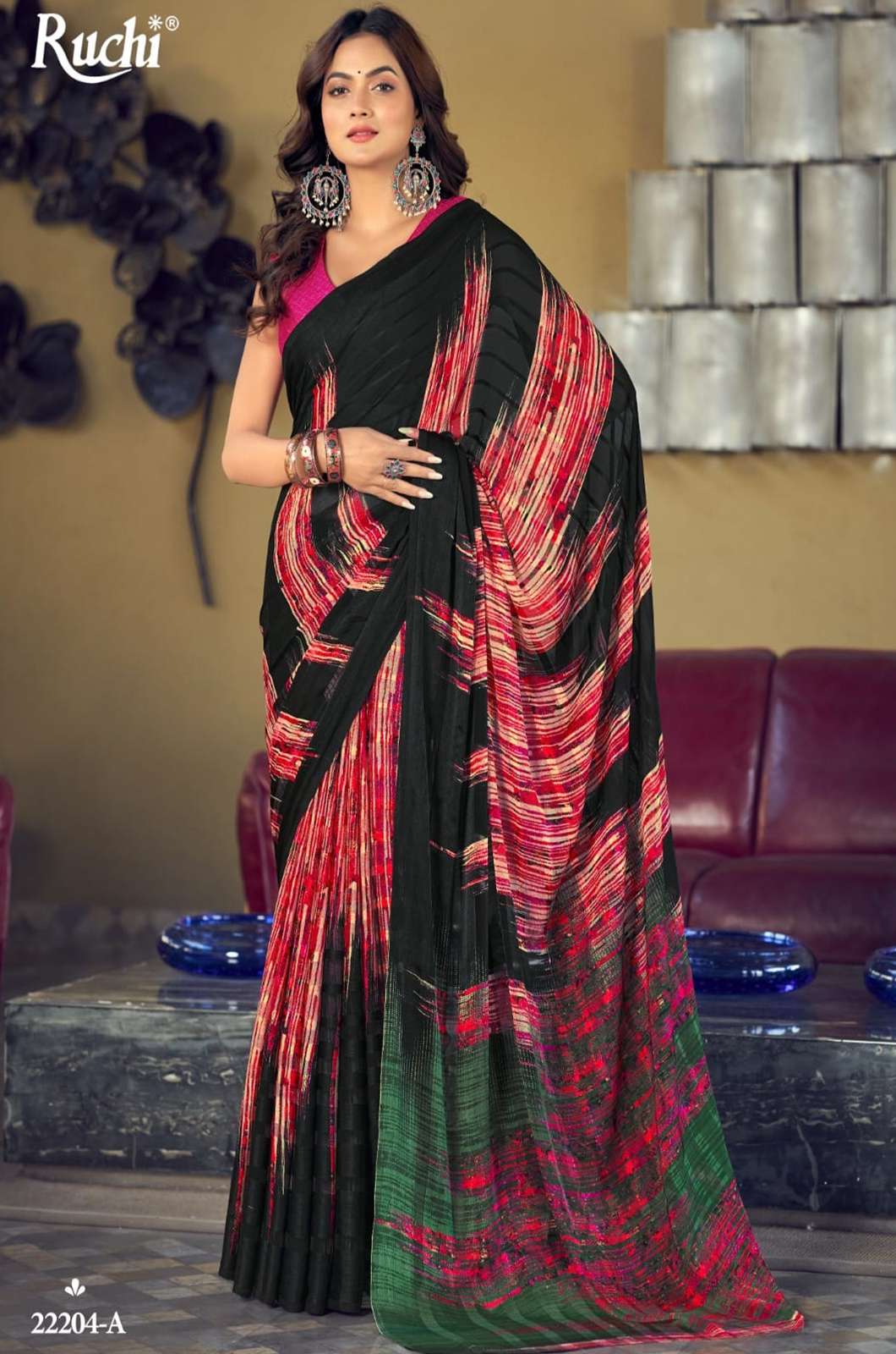 RUCHI VARTIKA SILK BLACK SPECIAL Satin Silk Pattern Saree with Cotton Silk Blouse 