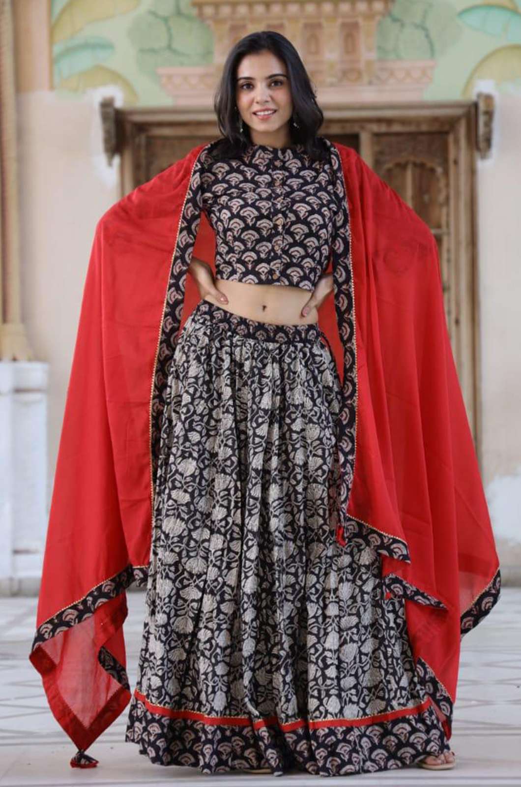Shri Balaji Emporium 4428a Hand Block Printed Cotton Designer Top & Skirt with Mulmul Duptta 