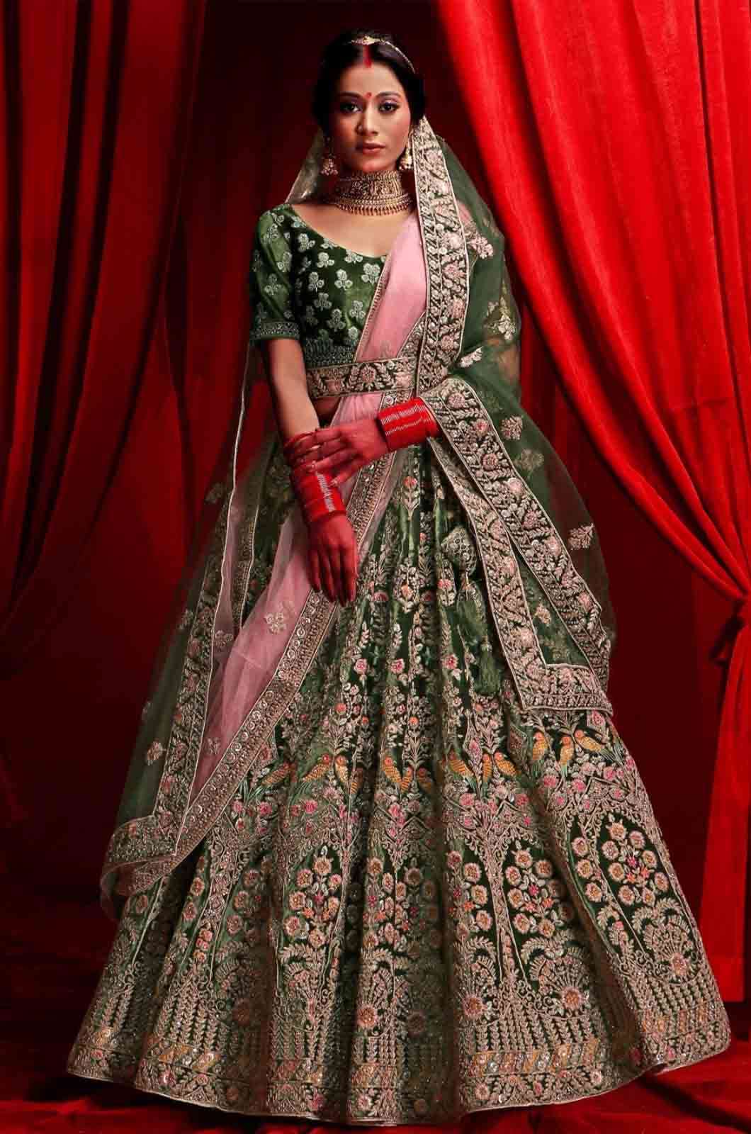 Shri Balaji Emporium 6620 Beautiful Green Velvet Bridal Lehenga 