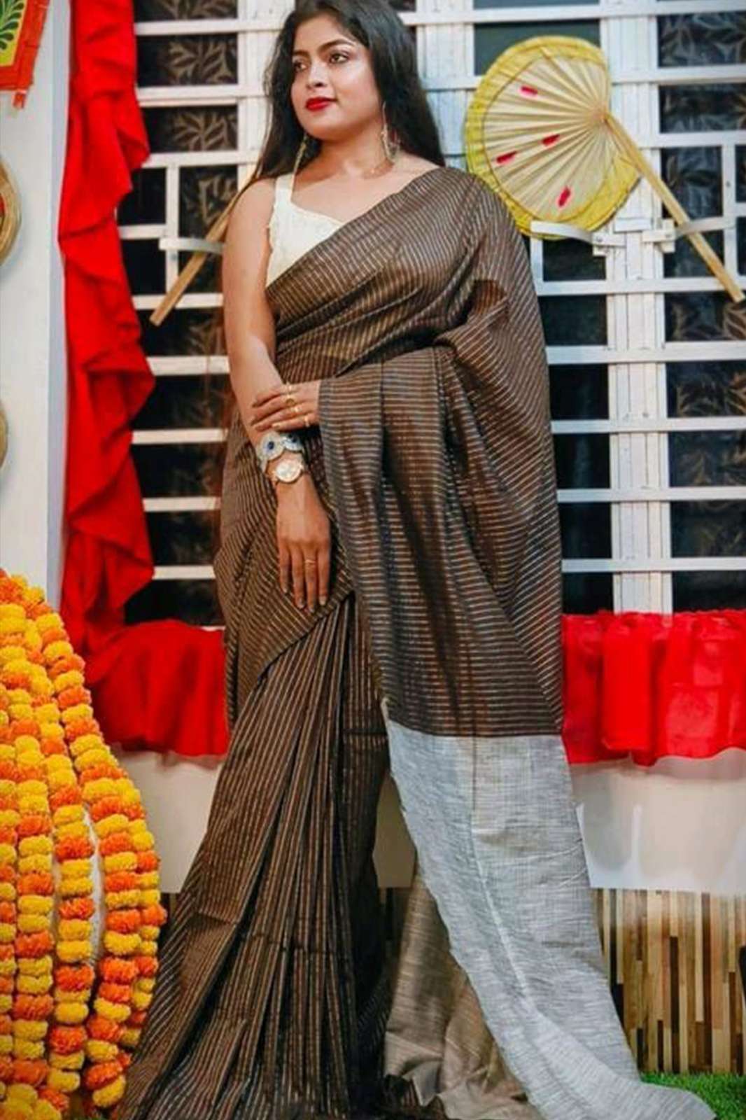 Shri Balaji Emporium 920j Handloom saree on khadi with gheecha stripe design saree