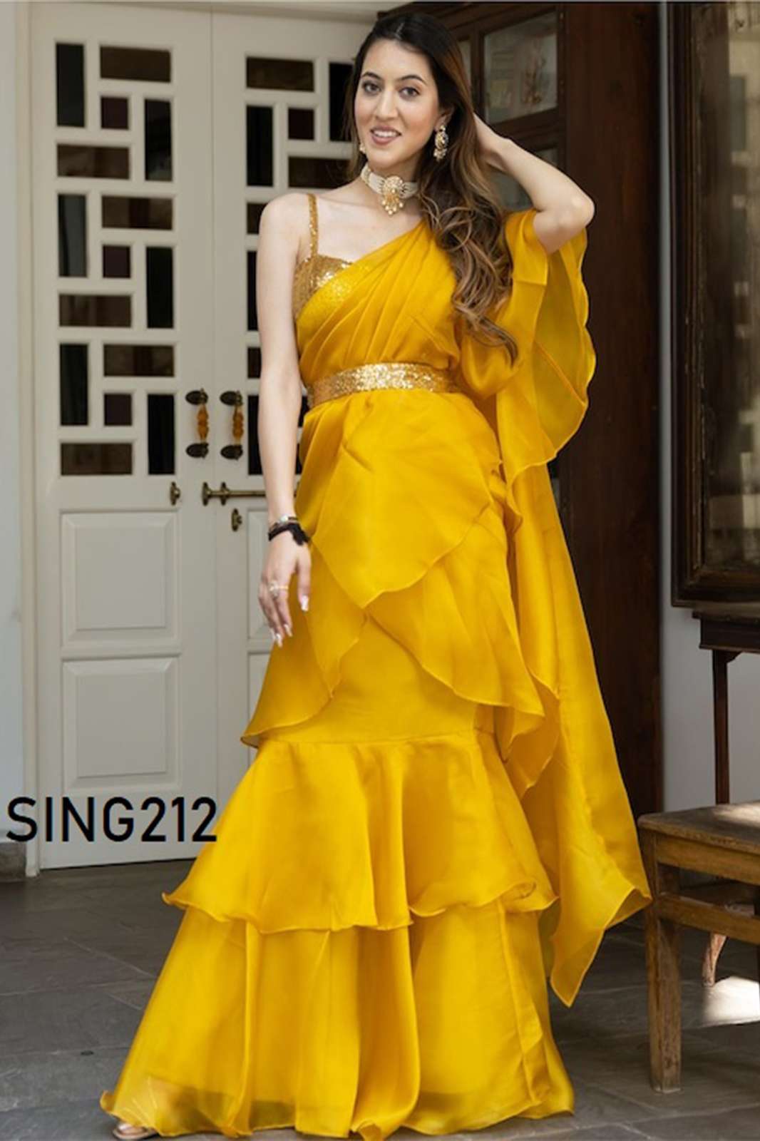 ARYA SING212 Yellow Ruffle saree with belt organza Sarees 
