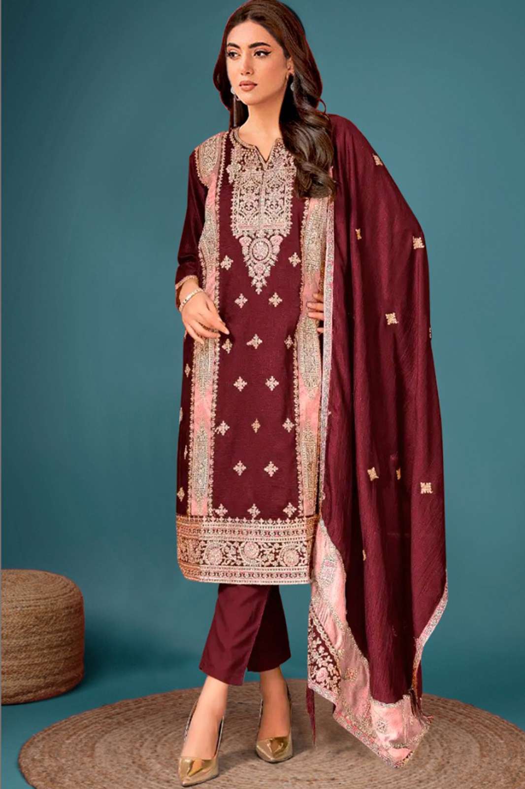 DINSAA 239A TO 239C  CHINON SILK EMBROIDERED WITH JARKAN WORK SUIT